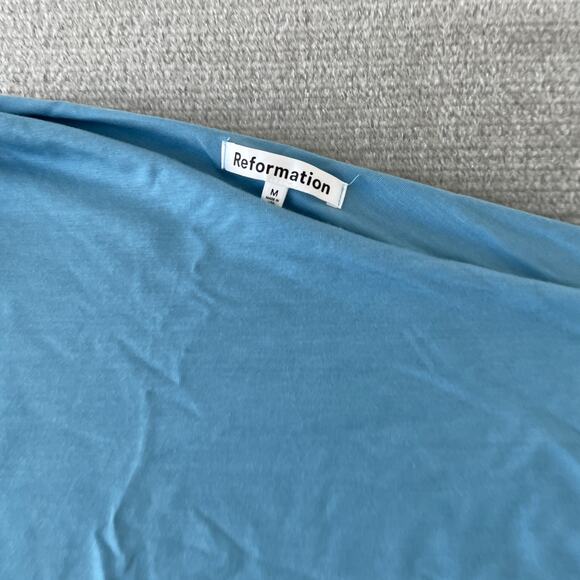 Reformation Izara Knit Mini Dress Women M Capri Blue Asymmetrical Top Ruched - Picture 9 of 9